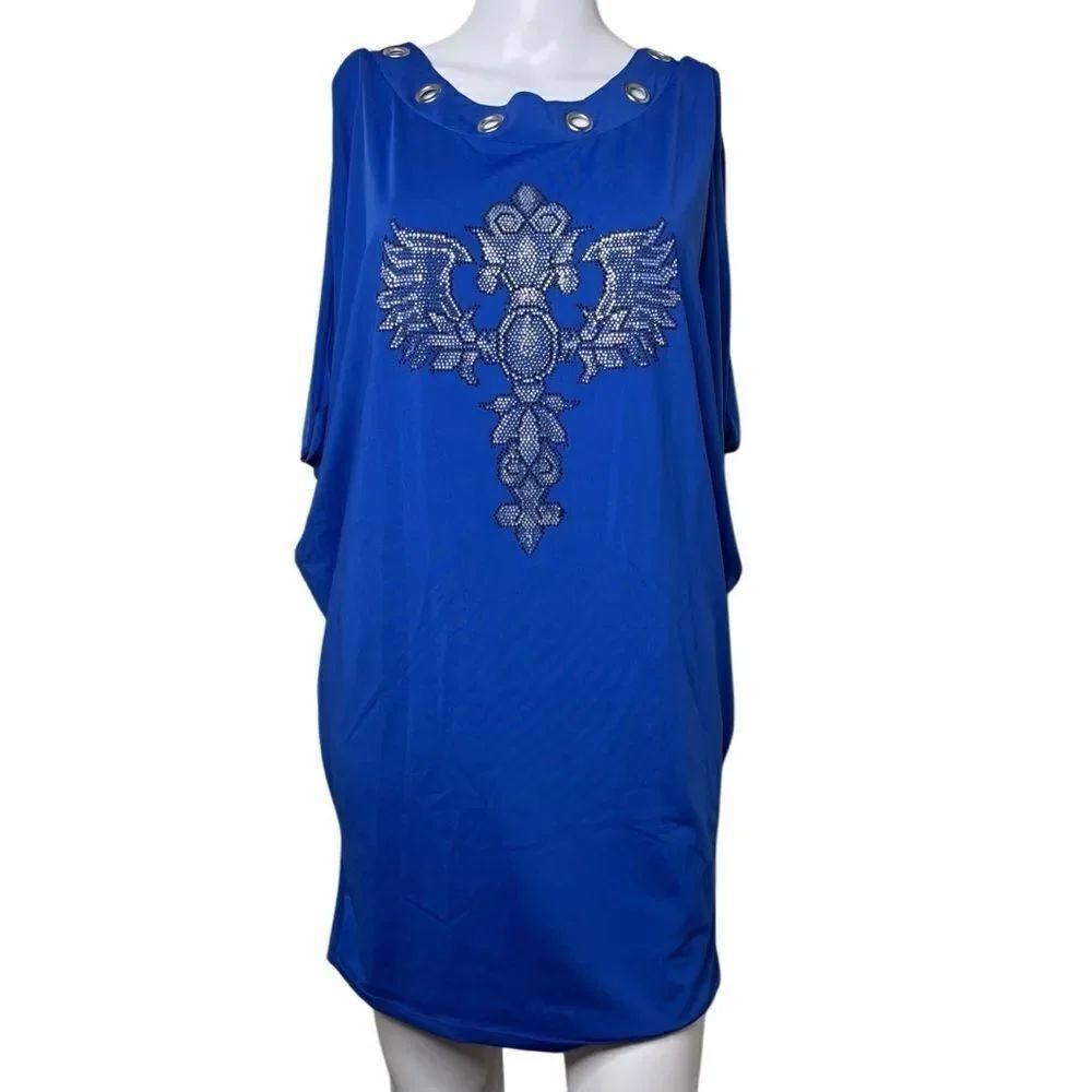 Forplay Rhinestone Short Sleeve Flowy Tunic Blue Size Large